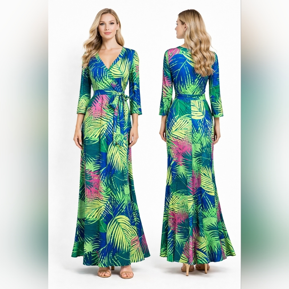 Tropical Leaf Print Long Sleeve Wrap Maxi Dress - Blue/Green/Pink